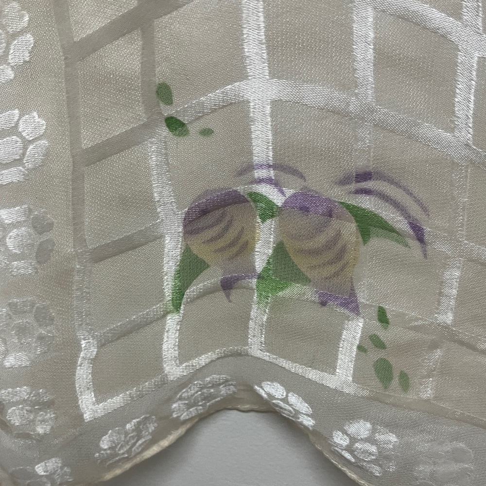 Vintage Paulownia square mulberry silk burn out scarf, sheer, fish, ivory/white